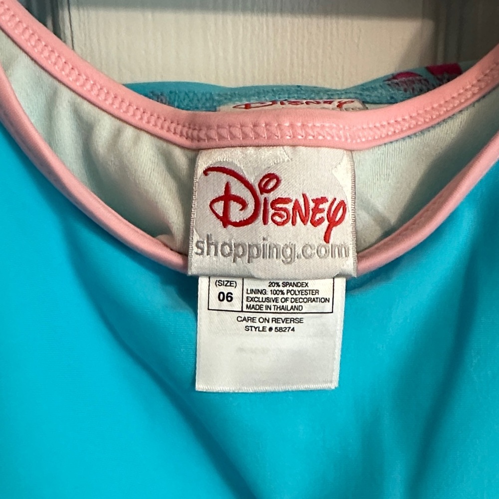 Disney Girls Turquoise Swim Top with Pink Trim and Floral Sleeves - Picture 6 of 8